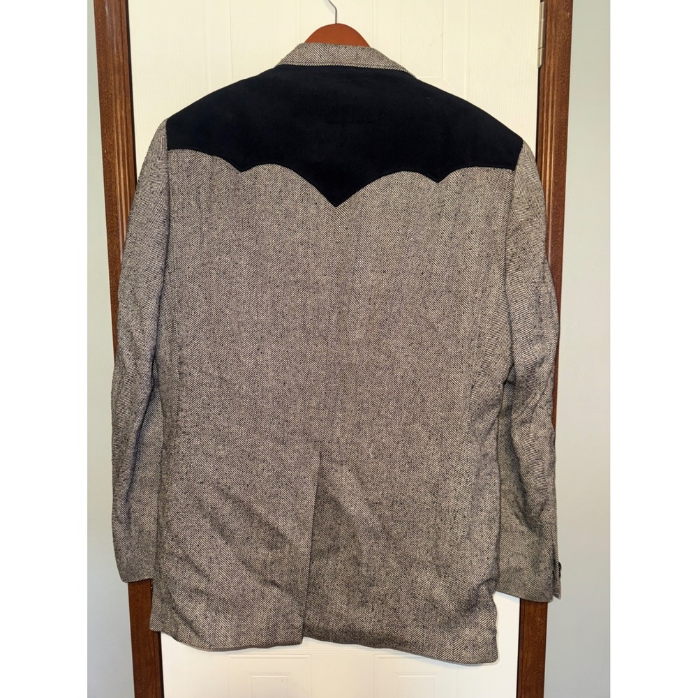 Circle S Western Herringbone Sport Coat Blazer Grey Black Suede Yoke Silk 48L - Picture 2 of 12